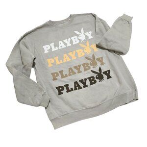 Playboy Sweatshirt Womens Size L Beige Crewneck Sweater Pullover Bunny Casual